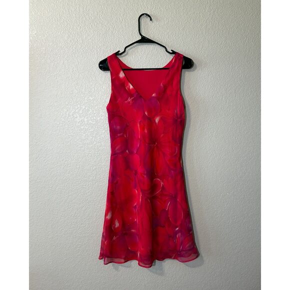 Alyn Paige Red Floral Dress Size 9/10 Made in USA 90s Fit & Flare Sheer - Picture 4 of 8